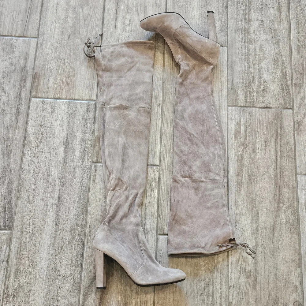 Stuart Weitzman Over The Knee Boots Size 7 Taupe Suede Block Heel Tie Back Chic